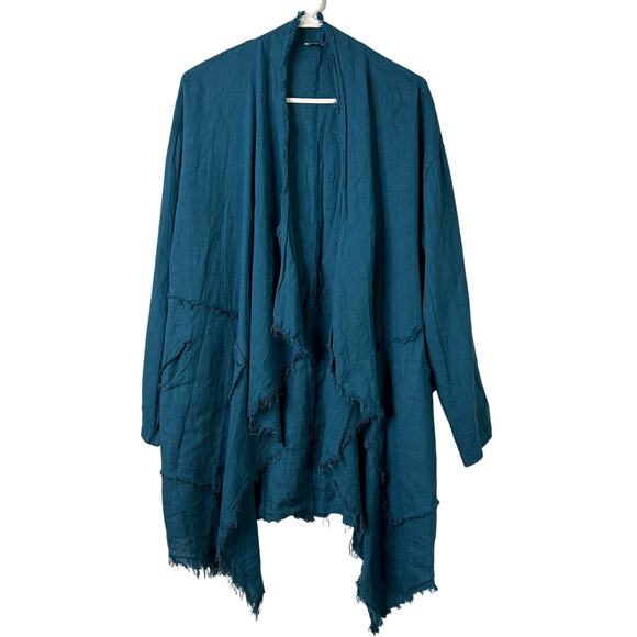 Made in Italy Linen Cardigan S/M Blue Lagenlook Open Front Duster Jacket Pockets - Picture 1 of 7